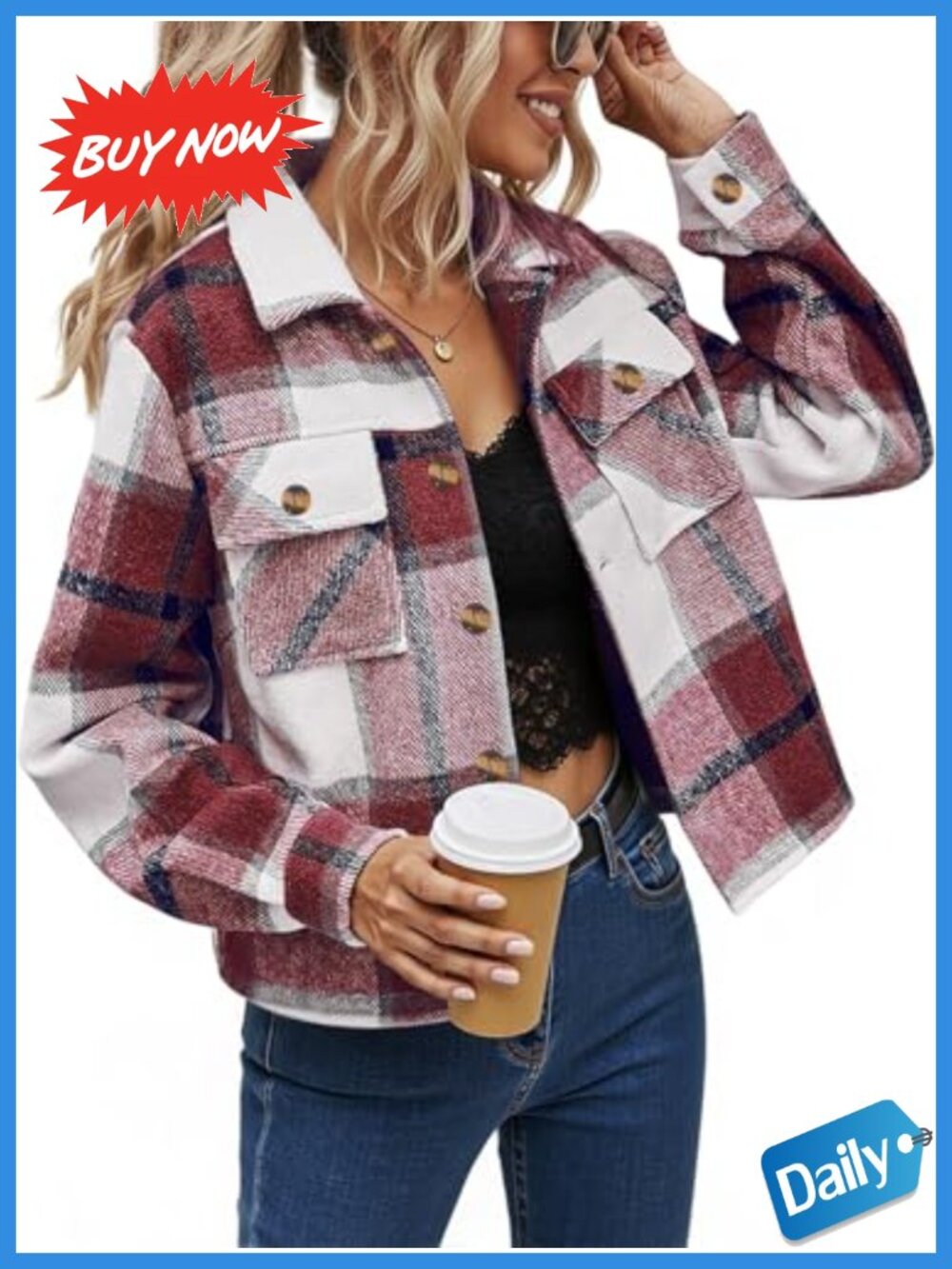 Cropped Plaid Shacket Jacket Long Sleeve Button Down Shirt